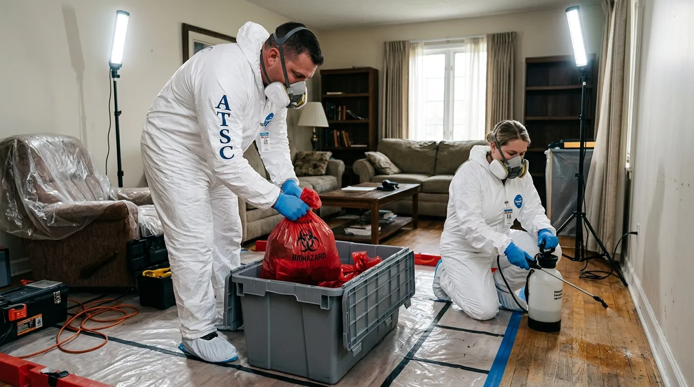 Professional Hazmat Cleanup technician in full PPE working in Lake Saint Louis